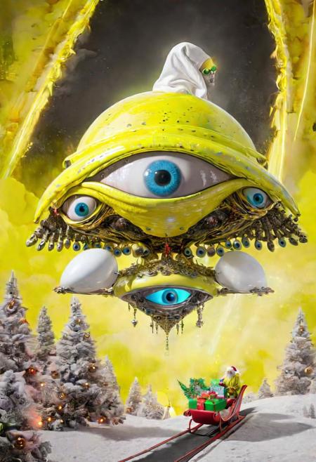 seraphins, mystical creature with hundreds of eyes and wings, roswell alien with yellow christmas hat, delivering presents with santa riding a ufo sleigh, intricate complexity, surreal horror, inverted neon yellow drip paint, photoreal