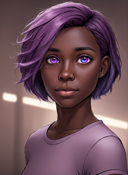 1girl, solo, short hair, blue eyes, purple hair, upper body, dark skin, dark-skinned female, shirt, :V, CANON EOS MARK IV, semi realistic, close up, 4 point perspective, vantage point, LUT like a movie