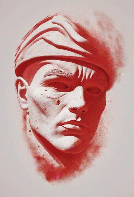 white dust in the air creating a almost hollow silhouette shaped like a human head, (sailor tattoo: 1.3), a red background,  highest resolution, 8k, best quality