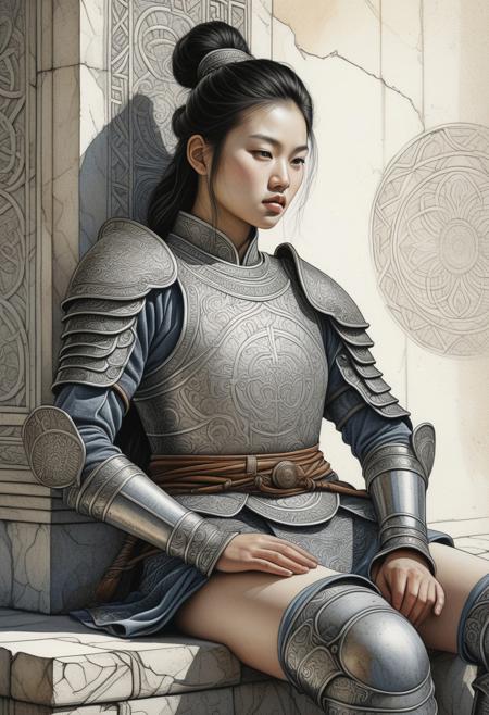 A highly detailed, intricate line-art illustration in the style of Steve McDonald. A young Mongolian warrior princess. She reclines against a textured concrete surface, wearing a delicate iron armour. The composition features mesmerizing line work, fine architectural detailing in the background, and a play of light and shadow through intricate hatching. The overall aesthetic is serene, introspective, and dreamlike, blending realism with a highly structured, almost meditative pattern-based design. Watercolor painting style