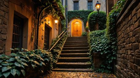 <lora:pytorch_lora_weights_361535:1>,a hidden stairway in an old courtyard, (evening rain:1.1) falling through ivy overhead, worn stone steps glowing under (amber light:1.2) from a nearby lamp, quiet and secluded.,, Masterpiece,best quality,realistic,HDR, 8K, masterpiece, best_quality, absurdres, ultra-detailed, highly_aesthetic, depth_of_field