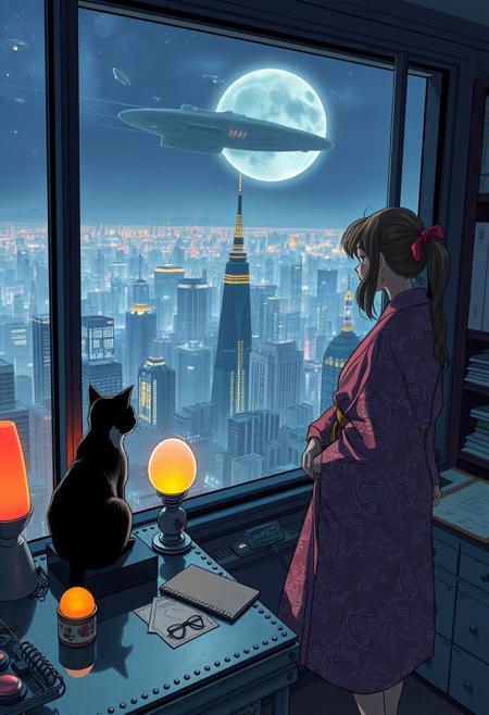 Jiji, the cat from Kiki's Delivery Service sits on a cluttered metal riveted desk next to a maneki neko statue and a lava lamp, Jiji is looking out of a floor to ceiling window that looks out at a very high view from an apartment on the 400th floor of a futuristic Tokyo skyscraper, the year is 2250, The city has thousands of enormous wide and tall futuristic skyscrapers and space ships in the sky, (((Kiki from Kiki's Delivery Service, 24 years old, is standing next to the cat looking out at the enormous city at night, filled with buildings over a mile tall))), Kiki is dressed in an ornate Japanese style bath robe. An enormous starship is visible high above the city, The woman's hair is messy from just waking up and tied up with a ribbon. Artistic cyberpunk, dynamic perspective, The focus is on Jiji and Kiki standing together looking out the window at the view together,