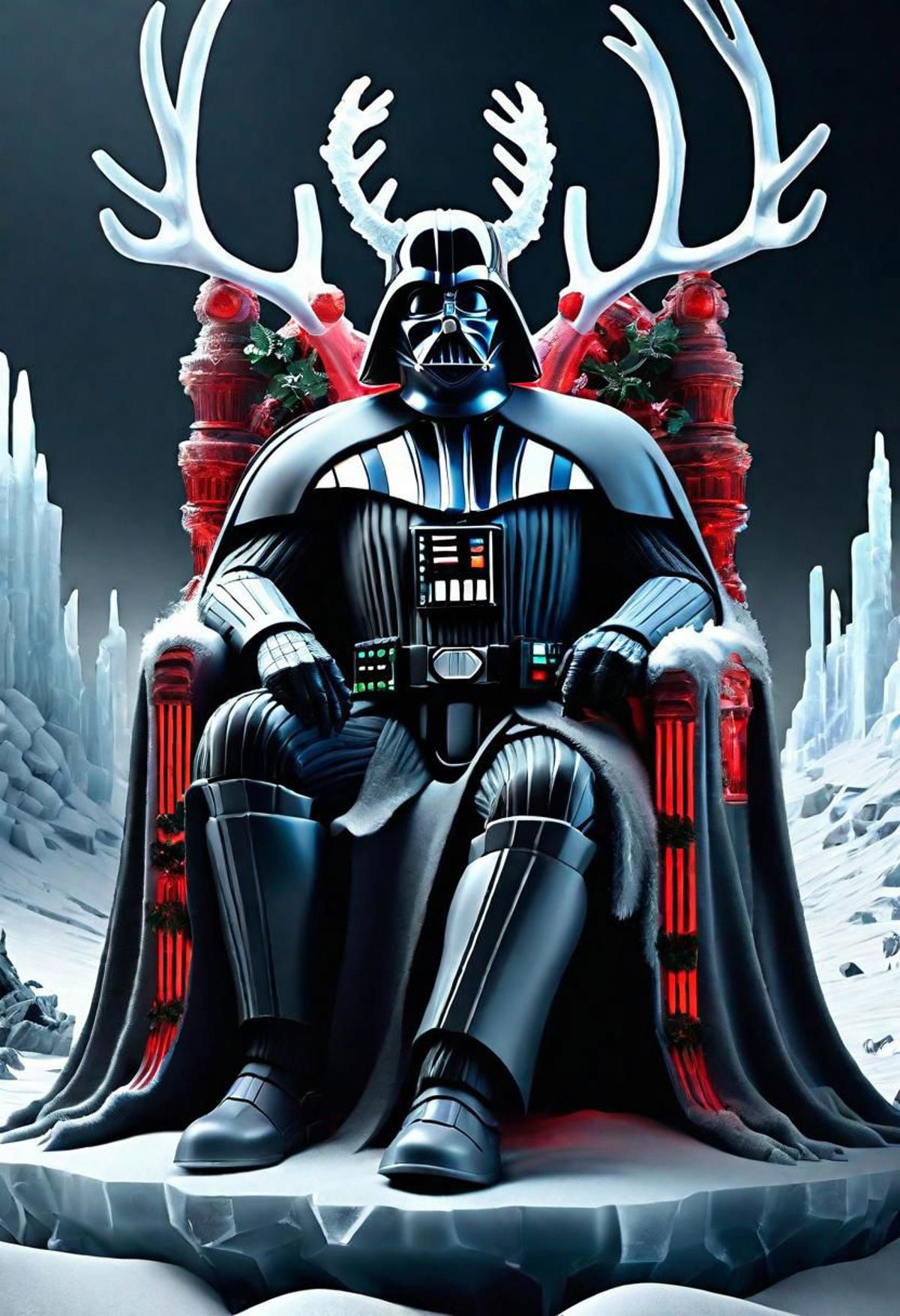 Darth Vader Sitting on a Throne with Christmas Decorations in the Background