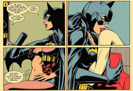 old aged comic book page, batgirl, sadomasochist, in 4 panels, erotic, pain and pleasure, eroguro
