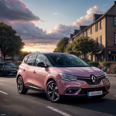 ((Masterpiece, Best Quality, 8k))RenaultScenic, a pink car parked on the road in a town, flowers, outside, buildings, sunset, clouds, sharp focus, photo by greg rutkowski, soft lighting, super resolution, ultra hd, megapixel, Realism, RTX, Ambient Occlusion, Natural Lighting, Sunlight <lora:renault_scenic:0.45> <lora:more_details:0.65>