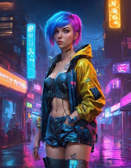 cyberpunk style, 1girl, cyberpunk, lucy (cyberpunk), solo, neon lights, multicolored hair, bangs, night, moon, realistic, breasts, lips, bare shoulders, science fiction, short hair, rain, blue hair, city, jacket, outdoors, sleeveless, medium breasts, thighs, shorts<lora:cyberpunk_style_xl-off:0.8>