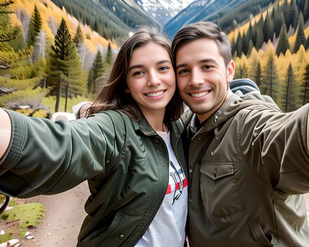 RAW photo, (masterpiece), best quality, extremely detailed, (man and woman), ((two people):1.2), (couple), sharp, studio quality,technical jacket hiking shorts,outside, sunny day,(outside on hiking trail), sitting, mountains, trees, dirt trail,  (looking at viewer), 8k uhd, dslr, soft lighting, high quality, film grain, Fujifilm XT3, (full body portrait), (pov view), ((armoutstretched)),  <lora:selfiearm:0.85>