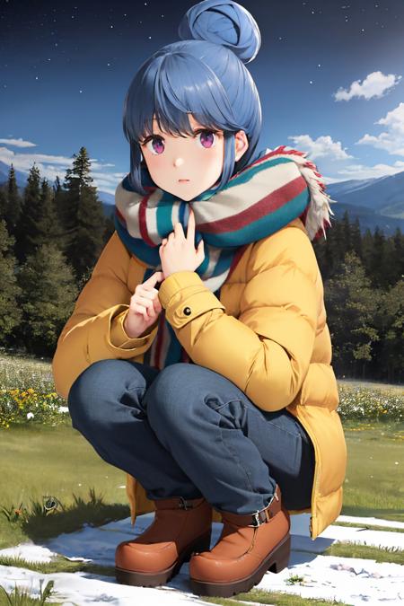 (masterpiece, best quality:1.2), <lyco:yurucamp_shima-10:1.0>, solo, 1girl, shima rin, expressionless, closed mouth, looking at viewer, squatting, single hair bun, winter clothes, coat, pants, boots, scarf, night, star \(sky\), forest, grass, hiking tent