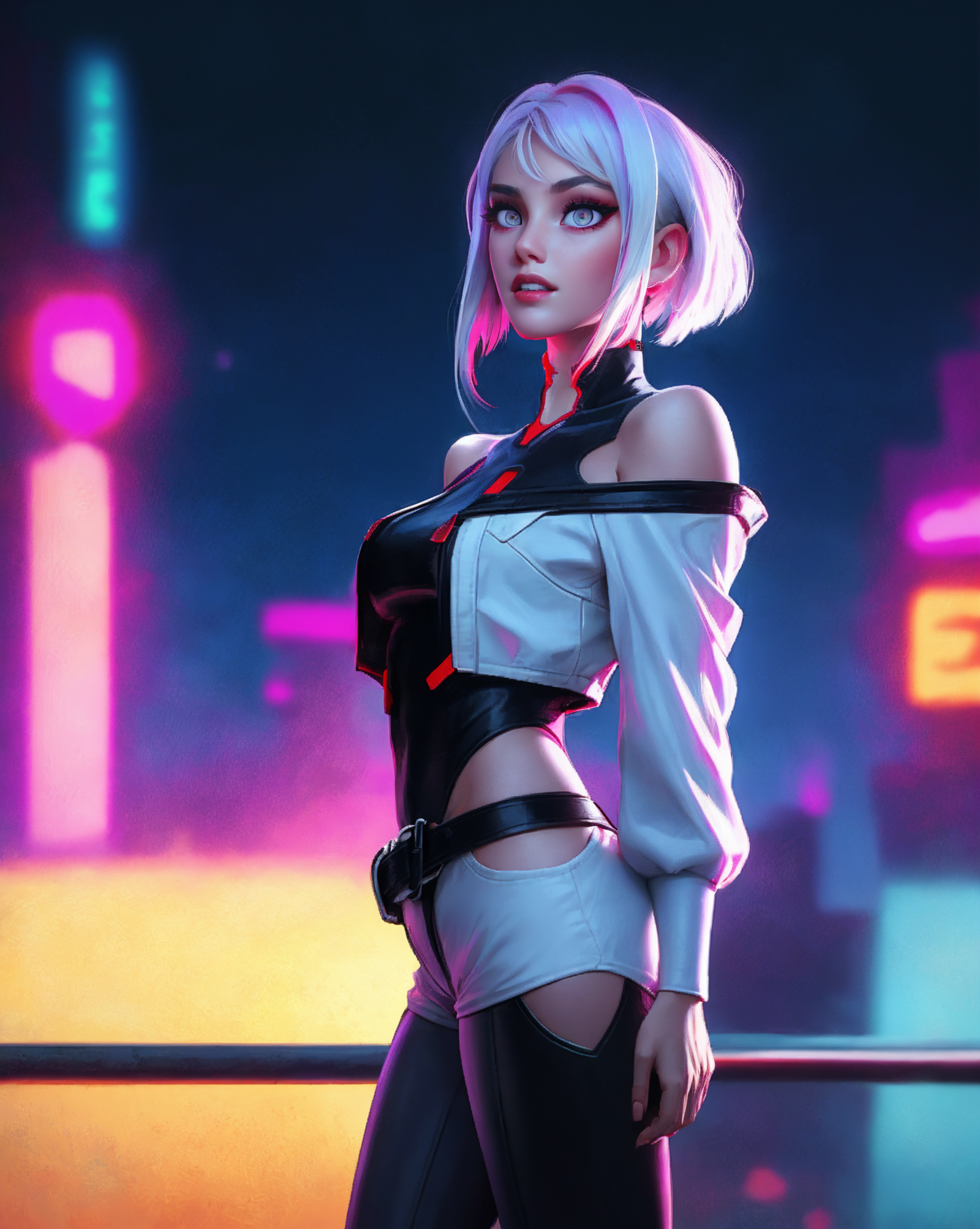A 3D animated image of a woman in white and black clothing standing in front of a brightly lit cityscape.