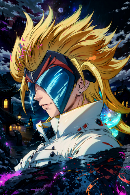 Masquerade-Bakugan, Masquerade-Coat, male focus ,smirk, on rooftop, looking to the side, 
<lora:Masquerade-20:1>, (colorful),(finely detailed, detailed face),cinematic lighting, extremely detailed CG unity 8k wallpaper,solo,smile,
sky, cloudy_sky, building, moonlight, moon, night, (dark theme:1.3), light, fantasy,