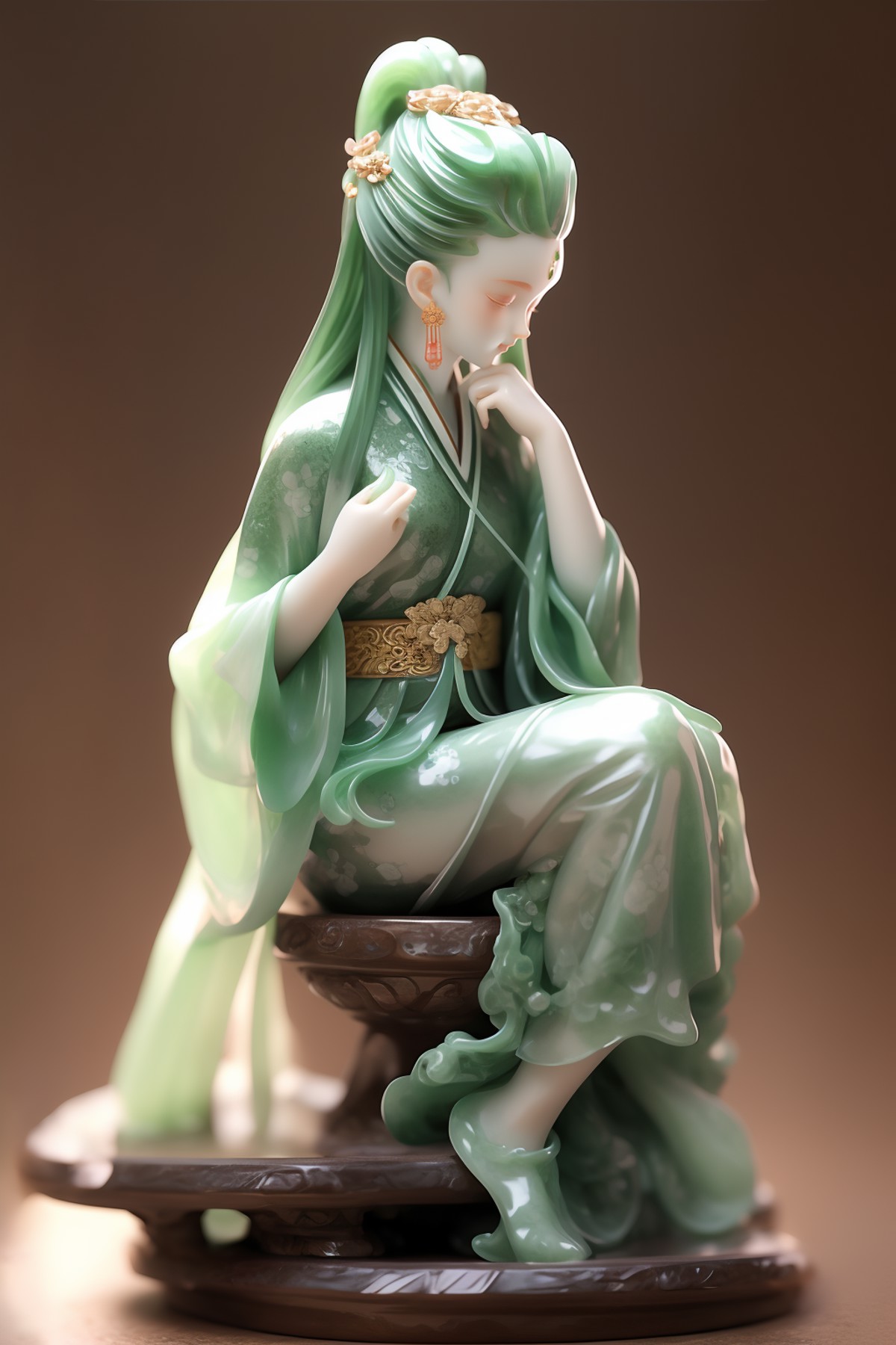 masterpiece,best quality, jade, jade sculpture, 1 girl ,sitting, long sleeves, hanfu, long hair,  floral background, <lora...