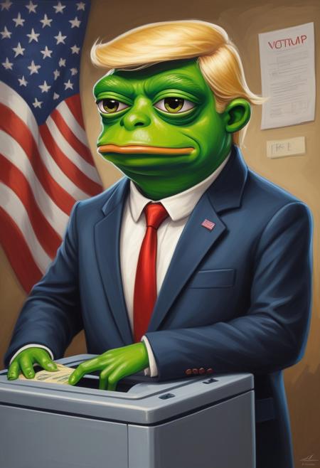 (Masterpiece, cartoon, digital illustration, oil painting), pepe the frog voting on an election machine, wearing a suit, blonde trump hair, American flag in background,