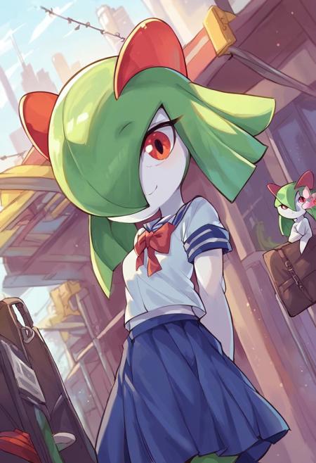 (((Kirlia))), female, furry, score_9, score_8_up, score_7_up, source_furry, <lora:saten-ruiko-s3-ponyxl-lora-nochekaiser:0.2>, Kirlia, dark green hair, emerald green eyes, obsidian horns, hair ornament, flower ornament,, blue skirt, pleated skirt, sakugawa school uniform, school uniform, serafuku, skirt, summer uniform,, train station, waiting for train, suitcase, traveling, commute, city skyline, hands behind back,, smile, , foot pointed, hand on chin, arm behind head, solo,, cowboy shot, dutch angle