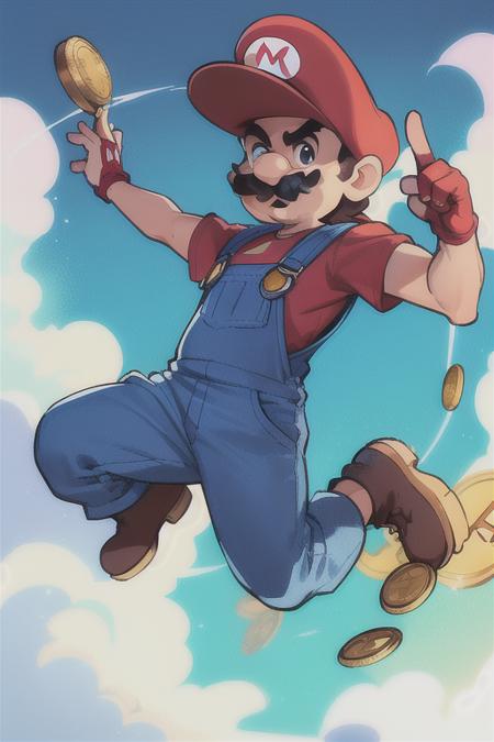 <lora:SuperMario:0.4>
SuperMario wearing overalls and holding coins in his hand, jumping in the clouds, with a mustache, red tshirt