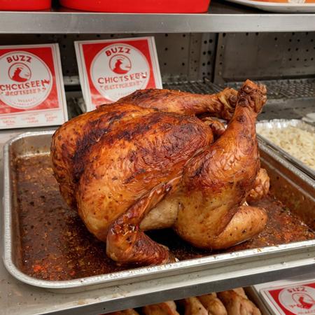 This photograph features a close-up view of a plastic tray containing seasoned rotisserie chicken from BUZZ Signature. The chicken has a golden-brown, crispy exterior with visible seasoning. The tray is branded with red and white labels, including a red circular "BUZZ Signature" logo. The background shows a metal shelf, indicating a store setting. The tray has a textured, ribbed surface for easy handling. The image captures the rich, appetizing texture of the chicken.