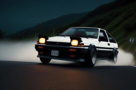 a black and white 1986 toyota sprinter trueno ae86 hatchback with tinted windows drifting on a mountain road at night with the headlights popped up and on
reflection, wet, dust, wind, cliff, night, slope, uphill, downhill, AE 86, Initial D, mountain road, starry sky,