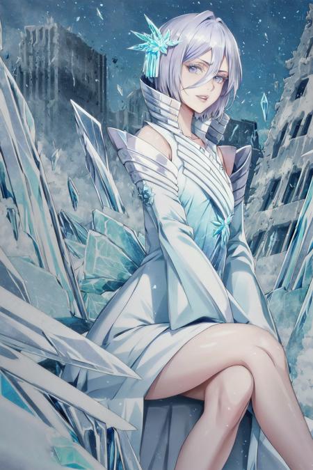 solo, short hair, hair ornament, hair between eyes, <lora:rukia-000004:0.8>, detached sleeves, ice particles, detailed, intricate details, action pose, looking at viewer, destroyed buildings, city, parted lips, crossed legs, looking at viewer