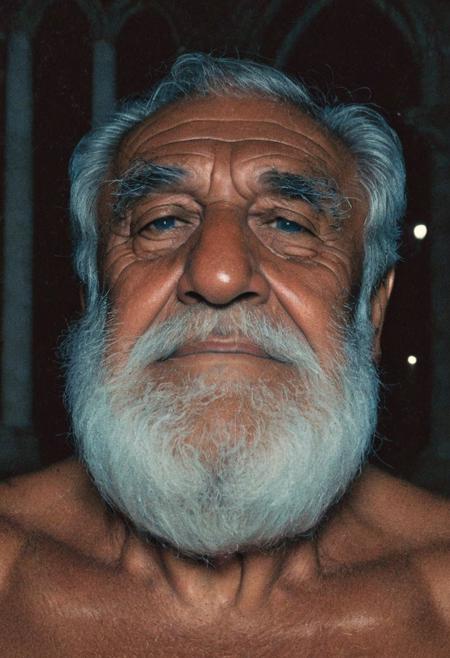 grainy nighttime lowlight photograph, dark room,
masterpiece, 4k, solo, alone, 
tall old hairy tanned grandpa with hairy chest, bullish chubby face with doublechin, face portrait, bushy eyebrows, wide big nose, big thick neck, muscular neck,
father, vater, uncle, onkel, stepdad, stiefvater, grandpa, opa,
gentle charming expression, romantic, intimate, 
sitting in a chair in a dark cloister chapel,