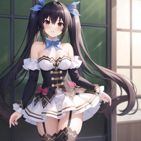 (masterpiece, best quality:1.2),illustration,8k,hd,1girl,solo,cowboy shot,medium breasts,twintails,neptune (series),noire (neptune series),very long hair,skirt,white skirt,pleated skirt,cleavage,bangs,bare shoulders,black dress,black footwear,black hair,blue bow,thighhighs,blue bowtie,blue ribbon,bow,bowtie,brooch,buttons,detached collar,hair ornament,detached sleeves,dress,eyebrows visible through hair,frilled sleeves,frills,garter straps,white dress,gold trim,hair between eyes,hair ribbon,holding hair,jewelry,multicolored clothes,multicolored dress,red eyes,ribbon,short dress,strapless,strapless dress,thigh boots,twintails,zettai ryouiki,buran buta,<lora:Noire>,