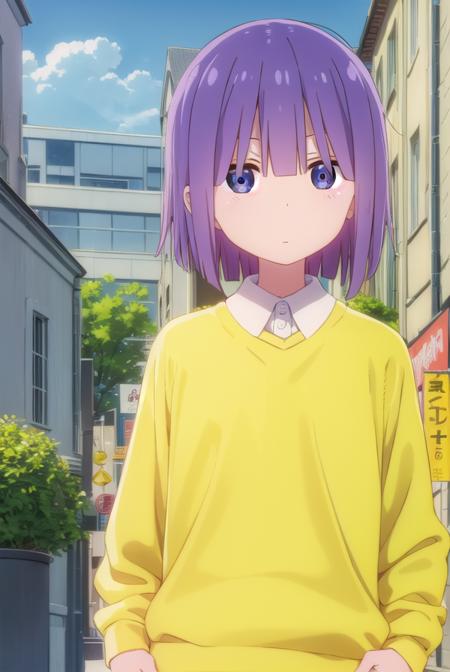 shouta magatsuchi, short hair, (purple eyes:1.1), purple hair, shirt, collared shirt, sweater, yellow sweater,