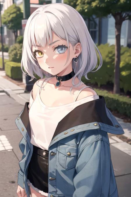 <lora:KanameRana-04:0.7>,ranamygo, 1girl, solo, looking at viewer, blush, short hair, blue eyes, shirt, jewelry, jacket, yellow eyes, white shirt, white hair, earrings, outdoors, choker, grey eyes, heterochromia, black choker, denim, jacket on shoulders, denim jacket,  oversized shirt