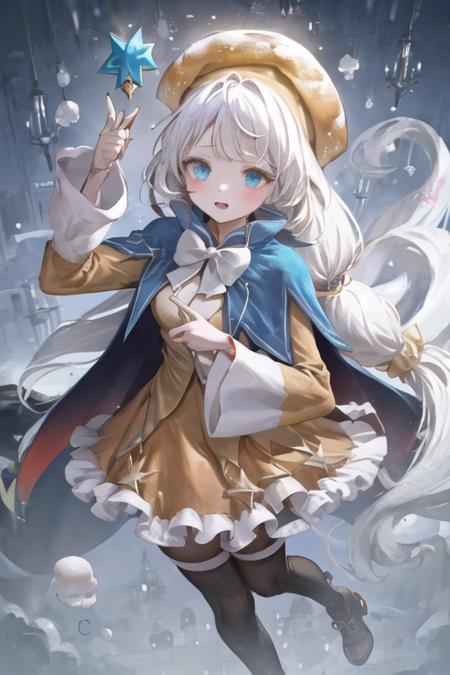 1girl, crkcreampuff, blue eyes, long hair, white hair, orange dress, blue cape, yellow headwear, wide sleeves, bow, bowtie, wand <lora:creampuff_cookie:1>