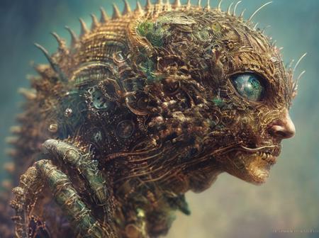 8k portrait of a biomechanical creature with brown hair, intricate, elegant, highly detailed, majestic, digital photography, surreal painting gold butterfly filigree, broken glass, (masterpiece, side-lighting, finely detailed beautiful eyes: 1.2), HDR, (((in the style of biomechanical))), (inspired by HR Giger)