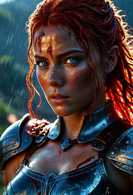 Ultra detailed digital art masterpiece Warrior girl dressed in a iron Armor and red mini skirt, Standing on a battlefield at the head of an army of knights, where a bloody slaughter is taking place, standing in battle pose, a dark epic fantasy, perfect lighting, beautiful Sadie Sink as Warrior girl, attractive woman, elegant, beautiful woman of athletic body, shot of the whole Warrior girl, unreal engine 5 nanite quality, dark fantasy, dark environment, very stormy day, LOTR style, dark washed out eyeliner, no make up, natural bloody pale face, realistic blue eyes, ultra detailed atmospheric details, beautiful glowing effects, sparkle effects, realistic body proportions, beautiful face proportions, complex masterpiece, wavy red hair, creative glowing detailed tattoos, complex physics, enhanced colors, complimentary colors, ultra detailed raytracing reflections, Ultra detailed complex background, environment feels alive, direct eye contact, dramatic lighting, wet and sweaty skin, beautiful firm Breasts, Daylight, Concept art by Greg Rutkowski, adding to the intense and dynamic atmosphere of the scene.