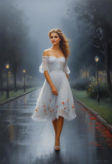 A very beautiful girl in the road of the park at deep dark foggy night, raining and foggy, so dark that only light is from the street lights from above. expressing lonliness and sadness. Portrait of a girl, very beautiful girl, full body, a painting of a woman Charming pencil sketches by Albert Eckhout, in full color In this fascinating acrylic painting you can see a charming woman. The girl is in a small town by the sea. The dress is very elegant and very well made. This stunning image captures the viewer's attention with its vibrant tones and dreamlike atmosphere. The expertly crafted brush strokes and intricate details show the artist's skill, making the image truly captivating. Through vivid colors and meticulous execution, the painting showcases the artist's ability to create a stunning and visually striking depiction.  Louis Royo's works, watercolor painting, Konstantin Razumov's style, bright, beautiful in spring, splash, big perfect eyes, sparkling, cute and charming, filigree, beautiful smile, white even teeth, scarlet flowers, backlight at the edges, lights, extremely fluffy, magical, surreal, fantasy, digital art, wlop, artgerm and James Jeans, fiction, golden ratio, trending on cgsociety, intricate, epic, trending on artstation, highly detailed, vivid, cinematic character transfer, ultra-high quality model