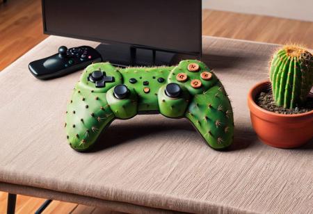Video game controller with cactus buttons, in a table in a livingroom