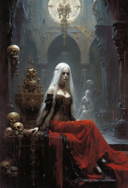 The image depicts a gothic, fantasy setting with a mysterious, ethereal woman sitting amidst a dark, macabre environment. The woman has long, flowing white hair and wears an elegant, dark red dress adorned with subtle gold patterns. She is surrounded by skulls, which adds to the eerie atmosphere. The background is dark and shadowy, with intricate gothic elements and a sense of foreboding.,John Berkey Style page