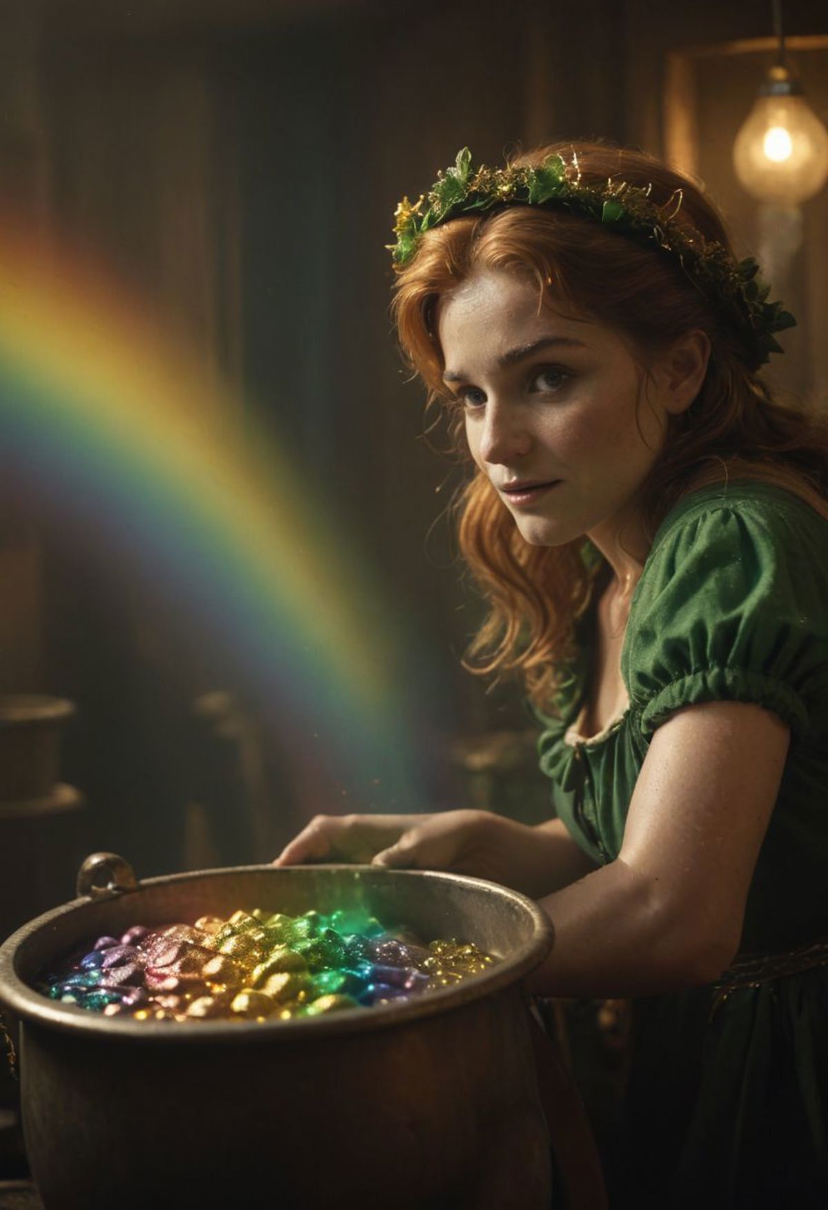 Irish leprechaun Lady slides over a Rainbow sledge into a Pot full of gold,
very detailed, atmospheric haze, Film grain, c...