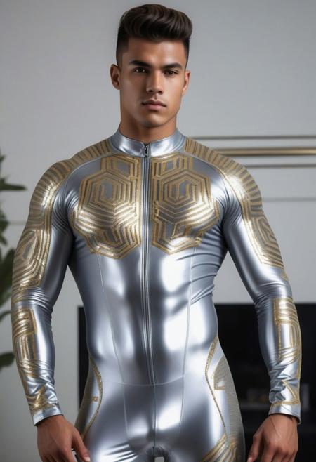 a strong 24-year-old brazillian hunk bodybuilder male, with a fringe up hairstyle, detailed face, mindless expression,  wearing a skin tight light-gray rubber catsuit with silver and gold electronics circuits patterns, on a modern living room, standing at attention pose, full body visible, looking at viewer, portrait, photography, detailed skin, detailed rubber texture, realistic, photo-realistic, 8k, highly detailed, full length frame, High detail RAW color art, diffused soft lighting, shallow depth of field, sharp focus, hyperrealism, cinematic lighting
