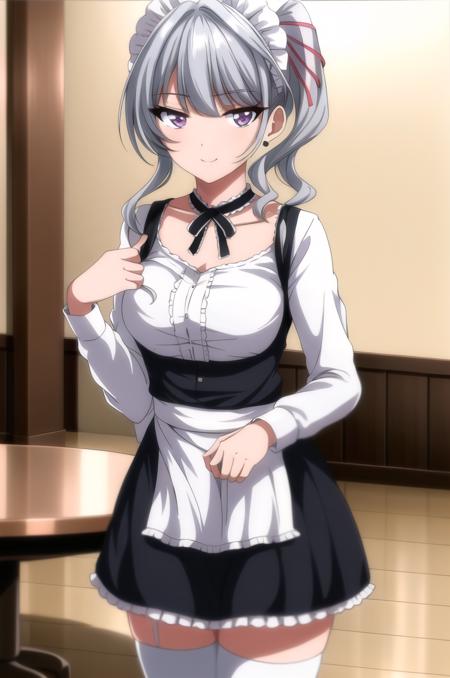 (masterpiece), high quality, (detailed background:1.3), 1girl, solo,
<lora:Anri-v2-07:0.7>, ChopioAnri, long hair, grey hair, side ponytail, black hair ribbon, purple eyes, (looking at viewer:1.3),
outfit_1, maid, maid headdress, black neck ribbon, black dress, white shirt, frilled shirt, long sleeves, white apron, maid apron, waist apron, frilled apron, frilled dress, white stockings, garter straps
living room, wooden table,
curtsey, smile, standing, holding skirt,