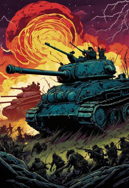 Post-apocalyptic Art Nouveau, a striking poster featuring zombie tanks engaged in fierce combat, their silhouettes accentuated by swirling lightning and vivid colors that pulse with an eerie energy, reflecting the chaos of war.