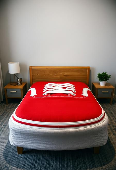 A bed that looks like a giant sneaker. (((the mattress has side like the rubber sole of a sneaker)))
Red canvas Vans_Authentic sneaker, detailed sneaker, perfect sneaker, visible heel of sneaker