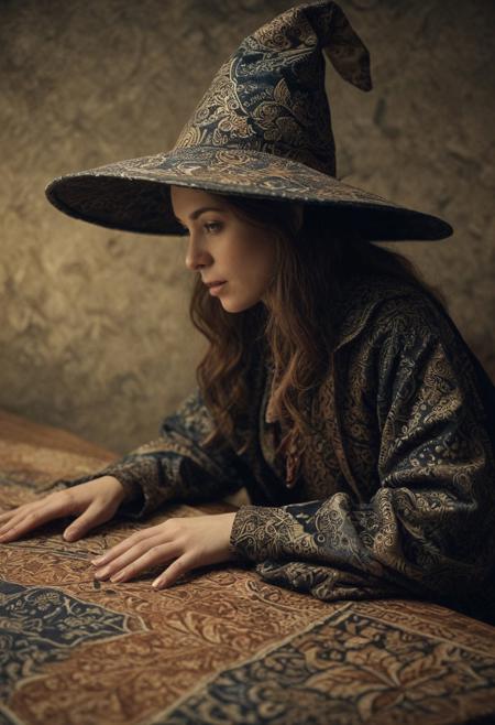 witch wearing hat and coat made out of batik fabrics on the table,
masterpiece, UHD, sharp and in focus. emotional, harmonious, vignette, highly detailed, high budget, bokeh, cinemascope, moody, epic, gorgeous, film grain, grainy