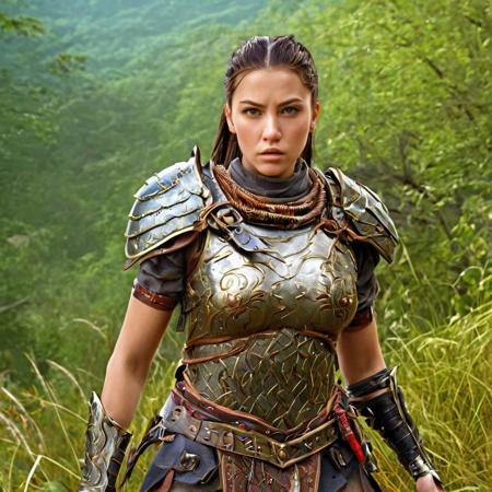 Cinematic scene, portrait of a female warrior, nature, detailed background, masterpiece, best quality, high quality, absurdres, colorful, vivid, 3d <lora:3d_xl_v3:1>