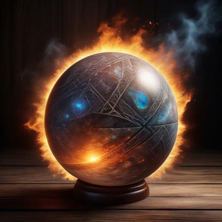 large opal stone sphere engraved with magical dwarven runes, shining with internal flame. Dramatic lighting. Wooden table background. Magic creepy atmosphere. Fantasy artefact.