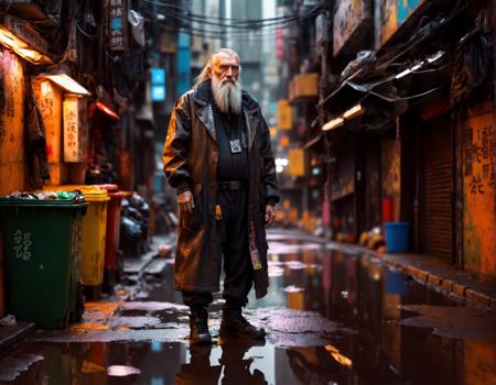 best quality, a old man with long beard, cyberpunk alley, looking at viewer, reflecting puddles, trash, cyberpunk clothes