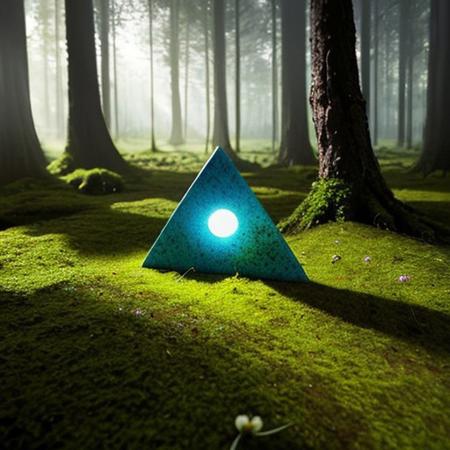 A hyper-realistic painting featuring a three-dimensional blue triangle with human eyes and a mouth, clearly expressing an emotion such as sadness or joy. The triangle should have realistic textures and lighting, making it appear as part of the physical world. It is set in a lush, vibrant forest at dawn, with sunlight filtering through dense foliage, illuminating the moss-covered ground and small wildflowers. Birds and woodland creatures add life to the serene setting. The triangle should blend seamlessly into the environment despite its surreal form, creating a striking contrast between the natural beauty of the forest and the lifelike, anthropomorphic triangle