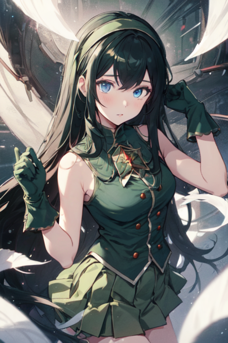 LoPoBiaElaine, 1girl, solo, very long hair, blue eyes, pleated skirt, miniskirt, green shirt, black hair, green gloves, bare shoulders, hairband, sleeveless, brooch, green skirt, 