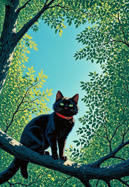 A sleek black cat with green eyes and a red collar perches on a sunlit tree branch, gazing upward. Darrow-level fur detailing contrasts with the bold, flat greens of the leaves and bright blue sky. Moebius-inspired color transitions between light and shadow give the scene a dreamy, storybook quality.