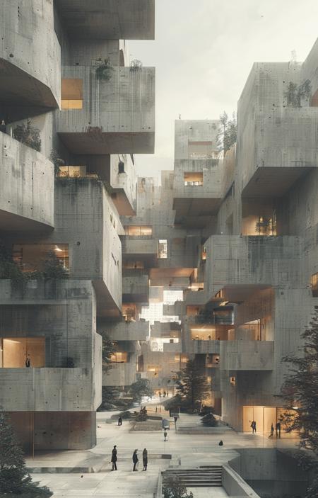 masterpiece,best quality,<lora:tbh310-sdxl:0.9>,illustration,designed by Bjarke Ingels, Brutalist concrete university campus with geometric shapes and exposed materials