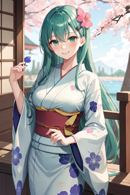 best quality, masterpiece, highres, solo, {suzuya_kantaicollection:1.15}, long_hair, hair_ornament, aqua_hair, hairclip, blush, breasts, smile, aqua_eyes, green_eyes, hair_between_eyes, large_breasts, green_hair, 1girl, flower, hair_flower, japanese_clothes, kimono, looking_at_viewer, floral_print, obi, sash, yukata, alternate_costume, holding, white_kimono, wide_sleeves