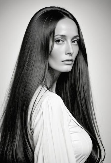 Extremely beautiful woman,very long hair, masterpiece,  1960s style portrait photograph by Richard Avedon, Rolleiflex medium format tlr