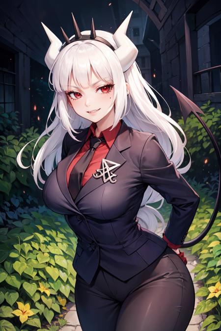 (masterpiece, best quality, glowing light, ultra detailed, detailed background, complex background), (perfect face, detailed face), (mature female, milf:1.3), red eyes, half-closed eyes, smirk, smug, fangs
  <lora:lucifer:1>, lucifer, horns, demon girl, demon horns, mole, mole under eye, white horns, tail, shirt, demon tail, long hair, red shirt, large breasts, blunt bangs, collared shirt, gloves, formal
(outdoors, garden, thighs, suit, necktie, pants, demon tail,  )