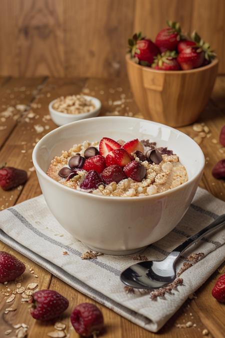 <lora:Yummy:1>, yummy a bowl of oatmeal with strawberries and chocolate, beautiful light, studio light, masterpiece