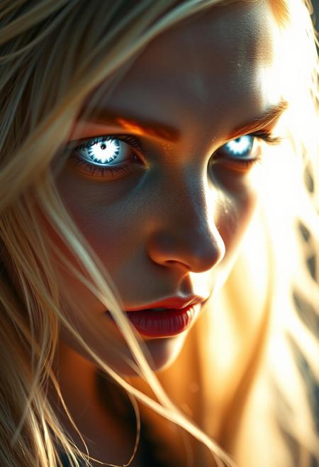 cinematic film still close up of a face, Envision a hyper-realistic image of an enigmatic female elven light mage, supremely powerful, clear beautiful porcelain skin, unblemished skin,  ,  her eyes twin white supernovae, White flames consumed her irises, . she is a living conduit of magic   Her long flowing hair blonde as dawn . the winds of magic form behind her, expression of pure rage
. shallow depth of field, vignette, highly detailed, high budget, bokeh, cinemascope, moody, epic, gorgeous, film grain, grainy