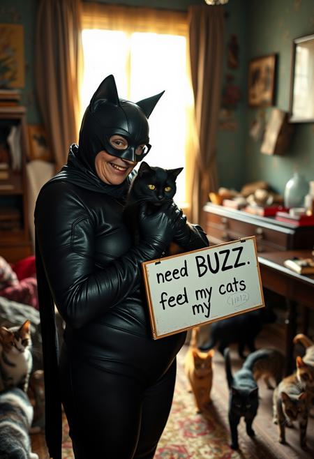 Closeup of old 77 year old Catwoman from batman movie in worn iconic catsuit holding chubby black cat in her dilapitated apartment, 30 different cats running around, sunlight coming from window, she is holding sign "need BUZZ to feed my cats"